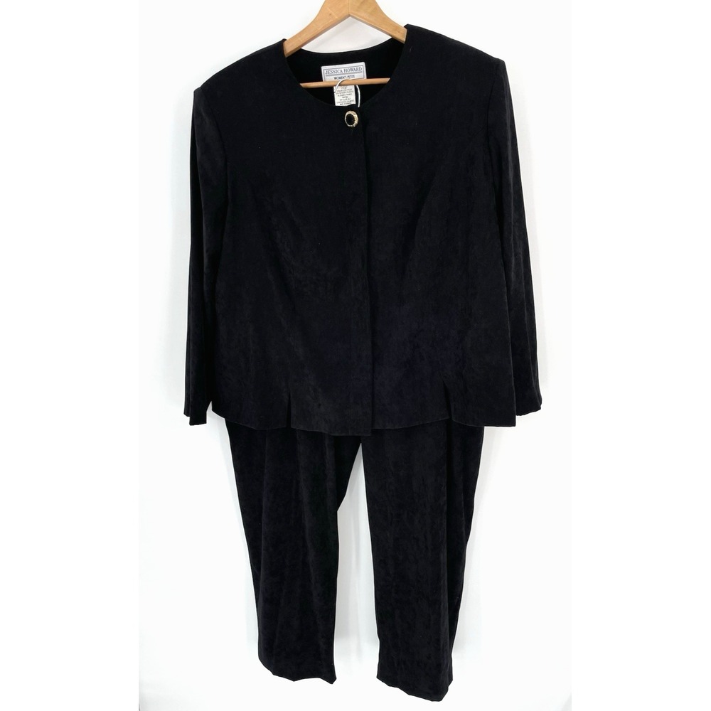 Jessica Howard Womens‎ Petite 24 Pants Suit Burn Out Velvet Black Hidden Buttons